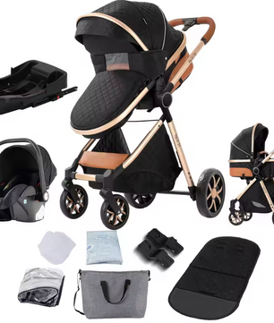 3-in-1 Reissysteem Kinderwagen met ISOFIX-basis – Inclusief Autostoeltje en Draagmand, Compact en Veilig