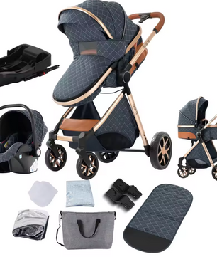 3-in-1 Reissysteem Kinderwagen met ISOFIX-basis – Inclusief Autostoeltje en Draagmand, Compact en Veilig