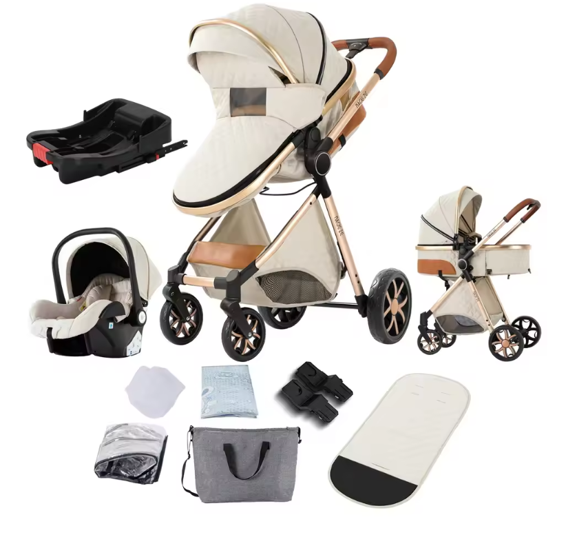 3-in-1 Reissysteem Kinderwagen met ISOFIX-basis – Inclusief Autostoeltje en Draagmand, Compact en Veilig