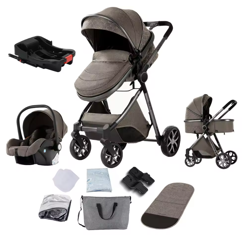 3-in-1 Reissysteem Kinderwagen met ISOFIX-basis – Inclusief Autostoeltje en Draagmand, Compact en Veilig
