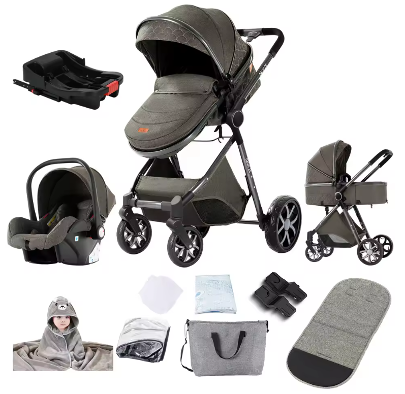 3-in-1 Reissysteem Kinderwagen met ISOFIX-basis – Inclusief Autostoeltje en Draagmand, Compact en Veilig