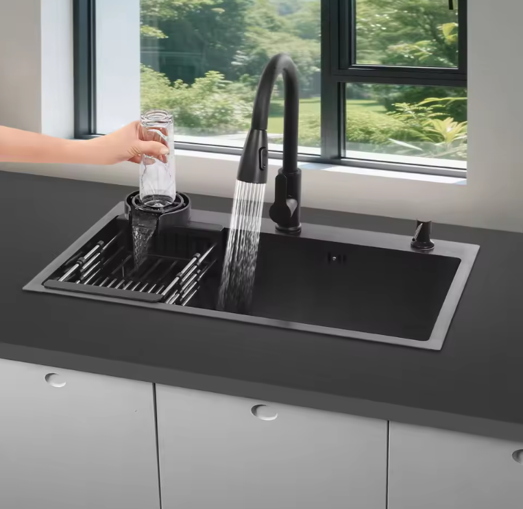RVS Aanrechtspoelbak met Kraan, Zeepdispenser en Bekerreiniger
