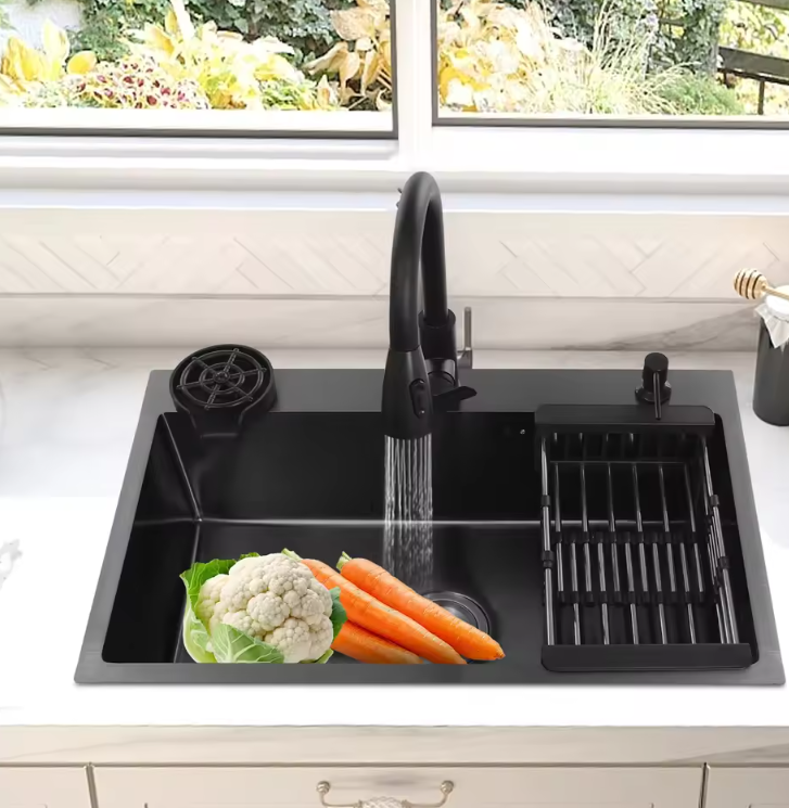 RVS Aanrechtspoelbak met Kraan, Zeepdispenser en Bekerreiniger
