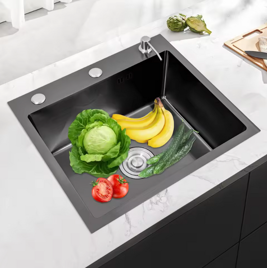 Zwarte RVS Inbouw Spoelbak 50 × 45 cm – Enkele Kom met Zeepdispenser