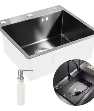 Zwarte RVS Inbouw Spoelbak 50 × 45 cm – Enkele Kom met Zeepdispenser