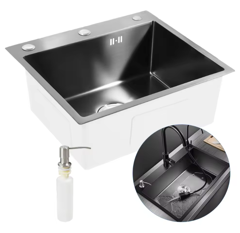Zwarte RVS Inbouw Spoelbak 50 × 45 cm – Enkele Kom met Zeepdispenser