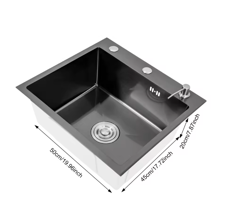 Zwarte RVS Inbouw Spoelbak 50 × 45 cm – Enkele Kom met Zeepdispenser