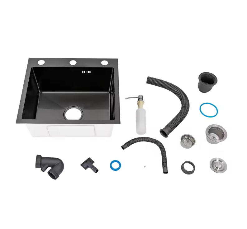 Zwarte RVS Inbouw Spoelbak 50 × 45 cm – Enkele Kom met Zeepdispenser