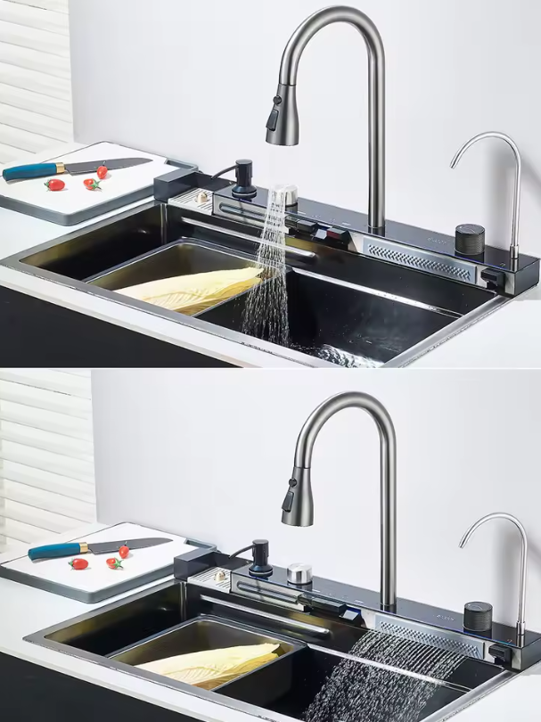 Grote RVS Spoelbak 75 × 45 cm – Watervalfunctie en Digitaal Display