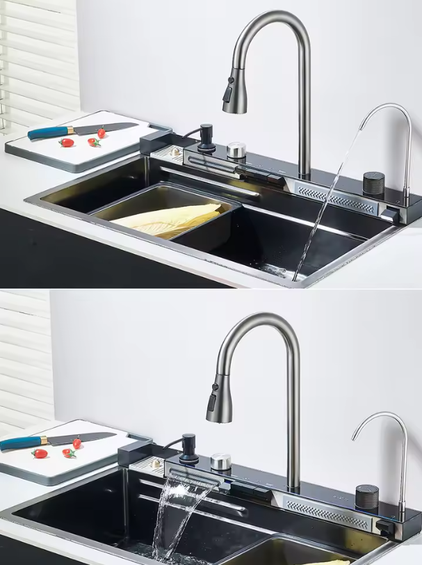 Grote RVS Spoelbak 75 × 45 cm – Watervalfunctie en Digitaal Display