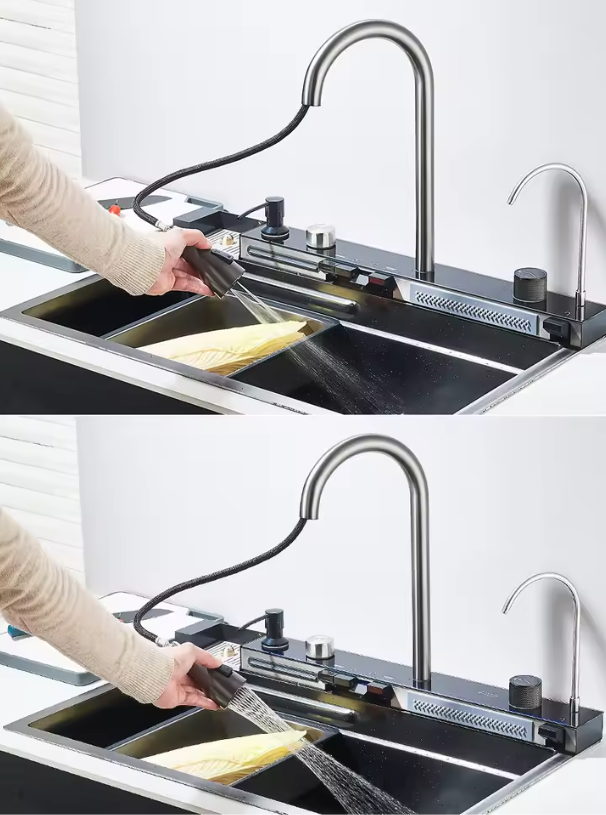 Grote RVS Spoelbak 75 × 45 cm – Watervalfunctie en Digitaal Display