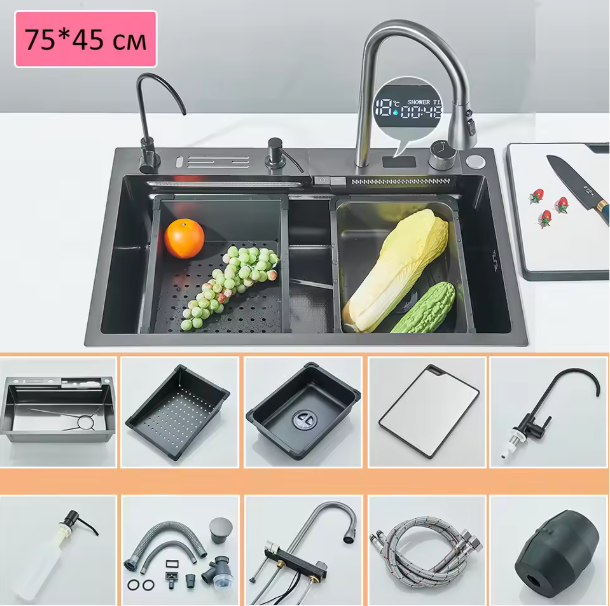 Grote RVS Spoelbak 75 × 45 cm – Watervalfunctie en Digitaal Display