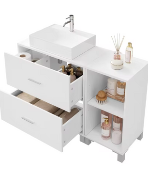 Badkamermeubel met 2 Lades en Zij-opbergkast – Ruime Badkamerkast met Flexibele Indeling