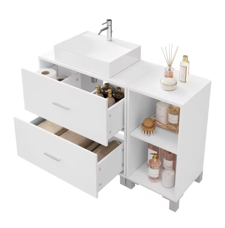 Badkamermeubel met 2 Lades en Zij-opbergkast – Ruime Badkamerkast met Flexibele Indeling