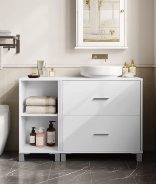 Badkamermeubel met 2 Lades en Zij-opbergkast – Ruime Badkamerkast met Flexibele Indeling