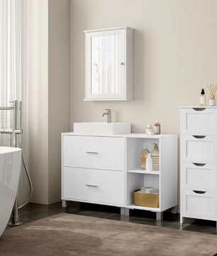 Badkamermeubel met 2 Lades en Zij-opbergkast – Ruime Badkamerkast met Flexibele Indeling