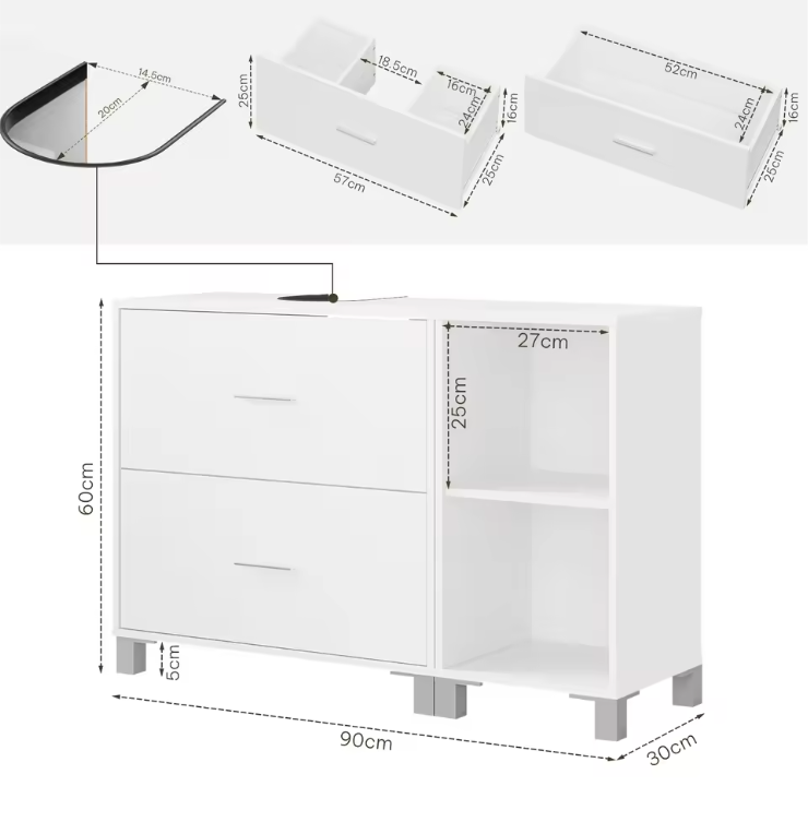 Badkamermeubel met 2 Lades en Zij-opbergkast – Ruime Badkamerkast met Flexibele Indeling