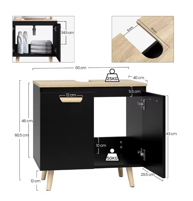 Badkamerkast Onder Wastafel met 2 Deuren – Vrijstaand Opbergmeubel, Compact en Modern