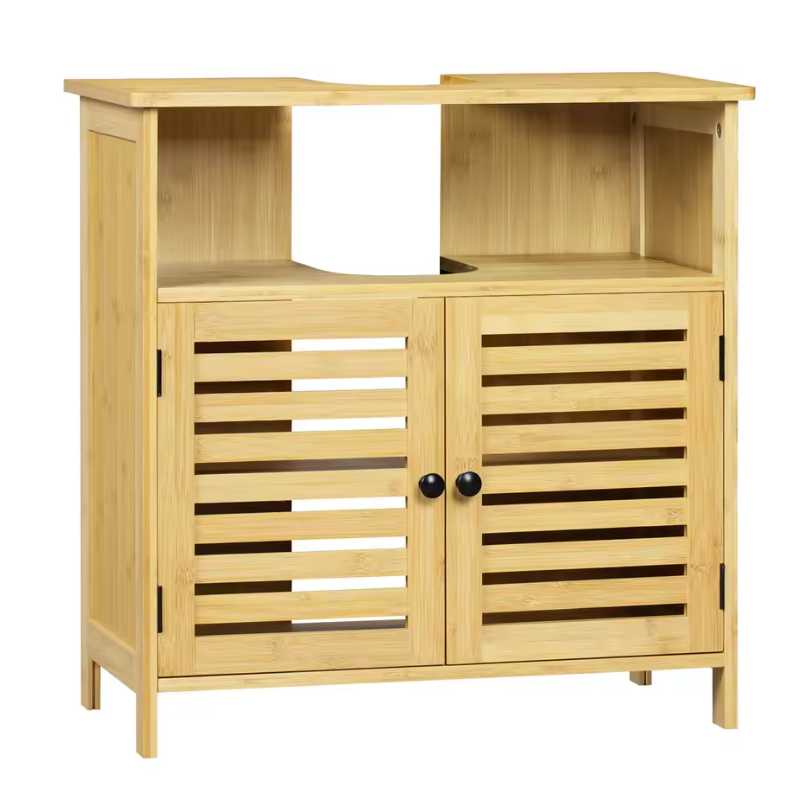 Vrijstaande Badkamerkast Onder Wastafel met Lamellendeur – Opbergmeubel met Verstelbare Planken