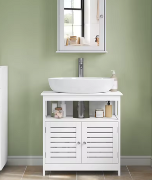 Vrijstaande Badkamerkast Onder Wastafel met Lamellendeur – Opbergmeubel met Verstelbare Planken