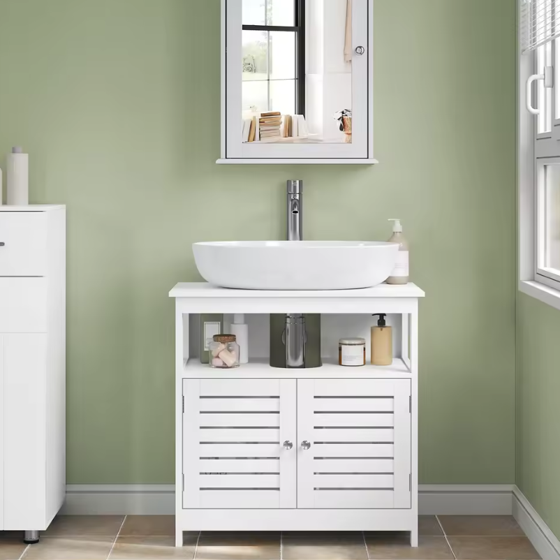 Vrijstaande Badkamerkast Onder Wastafel met Lamellendeur – Opbergmeubel met Verstelbare Planken