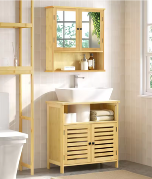 Vrijstaande Badkamerkast Onder Wastafel met Lamellendeur – Opbergmeubel met Verstelbare Planken