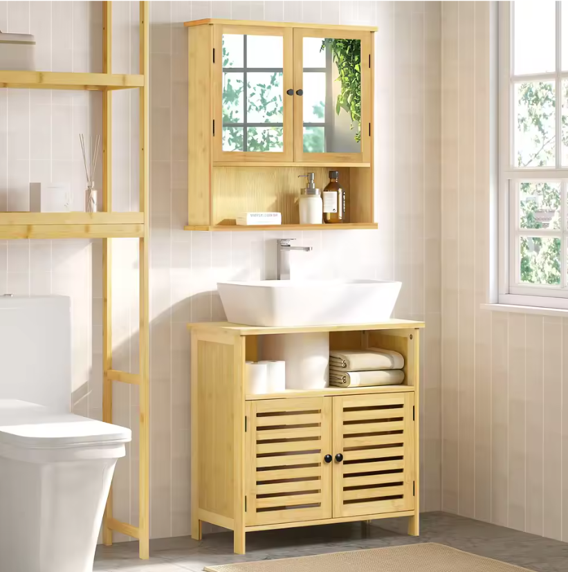 Vrijstaande Badkamerkast Onder Wastafel met Lamellendeur – Opbergmeubel met Verstelbare Planken