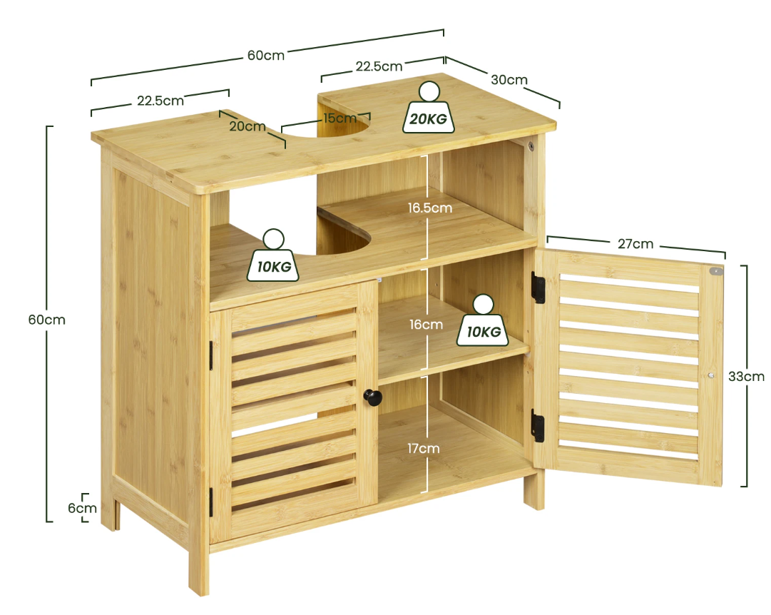 Vrijstaande Badkamerkast Onder Wastafel met Lamellendeur – Opbergmeubel met Verstelbare Planken