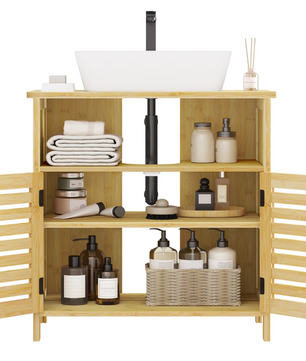 Vrijstaande Badkamerkast Onder Wastafel met Lamellendeur – Opbergmeubel met Verstelbare Planken