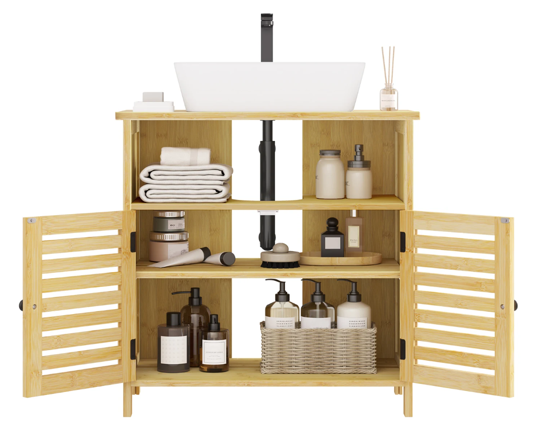 Vrijstaande Badkamerkast Onder Wastafel met Lamellendeur – Opbergmeubel met Verstelbare Planken