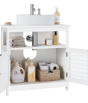 Vrijstaande Badkamerkast Onder Wastafel met Lamellendeur – Opbergmeubel met Verstelbare Planken