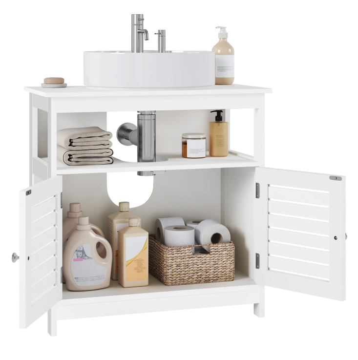 Vrijstaande Badkamerkast Onder Wastafel met Lamellendeur – Opbergmeubel met Verstelbare Planken