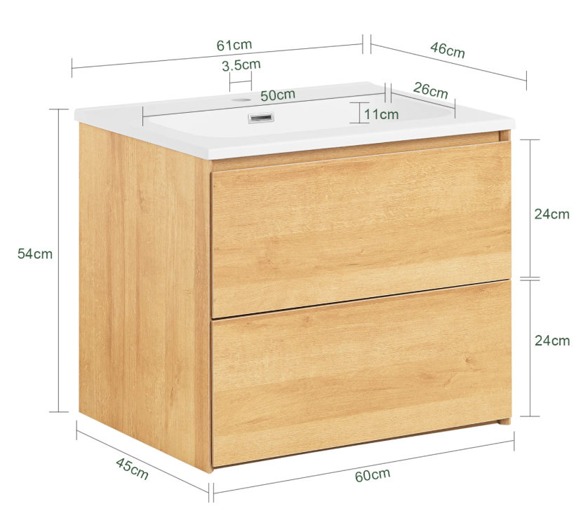 Badkamermeubel met Wastafel en 2 Lades – Smal Hangend Wastafelmeubel, Minimalistisch Design