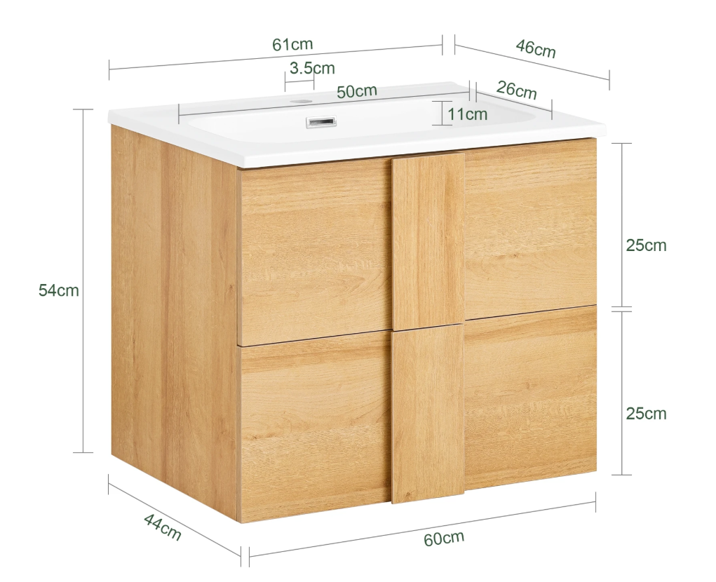 Smal Hangend Badkamermeubel met Wastafel en 2 Lades – Compact en Ruimtebesparend