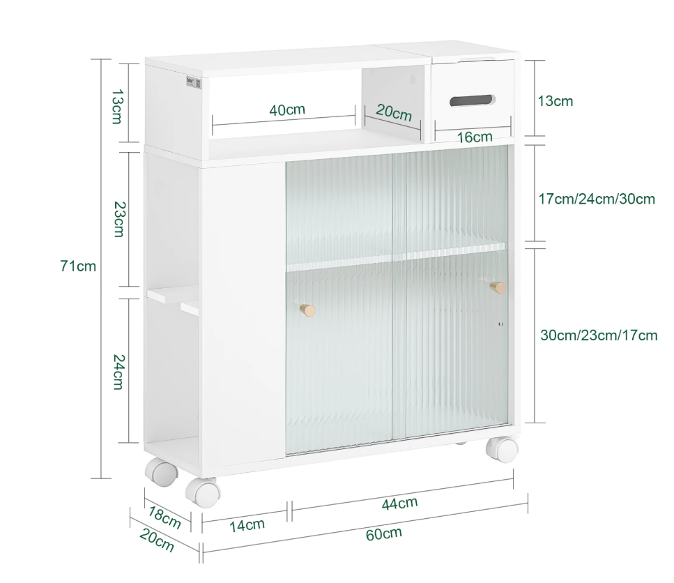 Smalle Nichekast op Wielen met Schuifdeuren – Verrijdbare Opbergkast voor Badkamer en Keuken