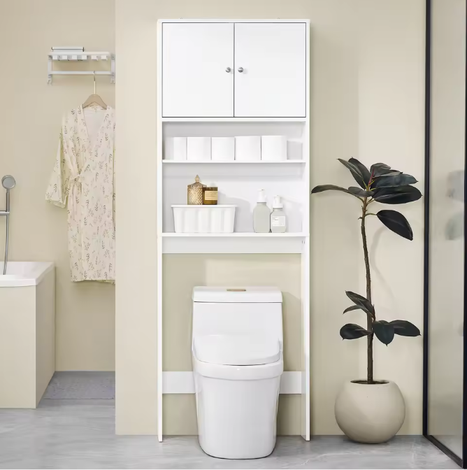 Vrijstaande Wasmachinekast met Opbergkast en Planken – Smal Badkamermeubel