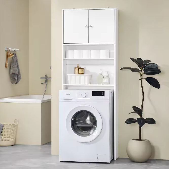 Vrijstaande Wasmachinekast met Opbergkast en Planken – Smalle Badkamer Opbergoplossing