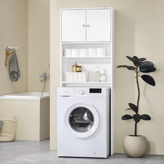 Vrijstaande Wasmachinekast met Opbergkast en Planken – Smalle Badkamer Opbergoplossing