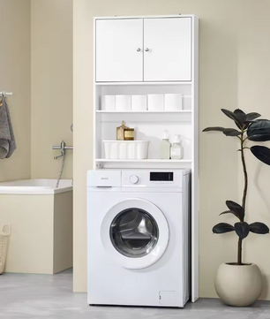 Vrijstaande Wasmachinekast met Opbergkast en Planken – Smal Badkamermeubel