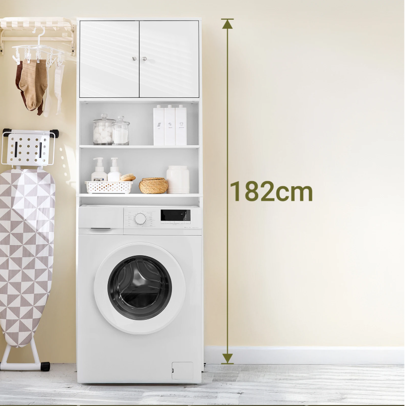 Vrijstaande Wasmachinekast met Opbergkast en Planken – Smalle Badkamer Opbergoplossing