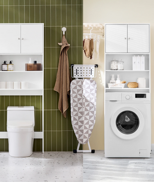 Vrijstaande Wasmachinekast met Opbergkast en Planken – Smalle Badkamer Opbergoplossing