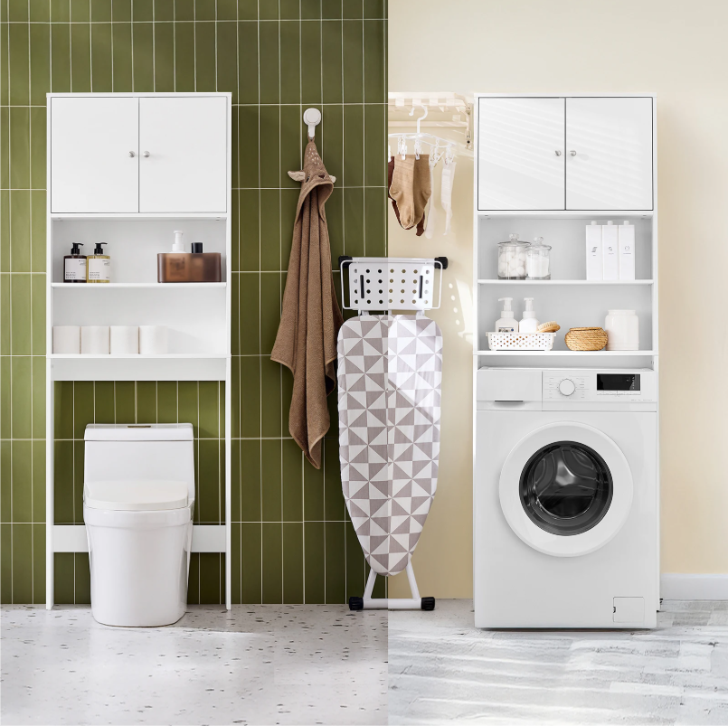 Vrijstaande Wasmachinekast met Opbergkast en Planken – Smal Badkamermeubel