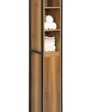 Smalle Hoge Badkamerkast met Open Vakken en Deur – Vrijstaand Opbergmeubel in Vintage Stijl