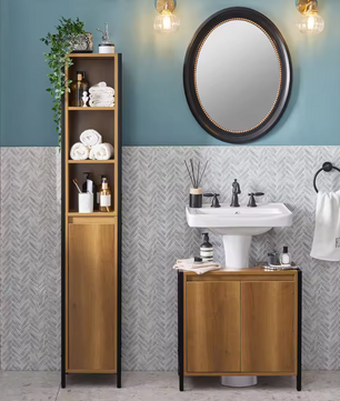 Smalle Hoge Badkamerkast met Open Vakken en Deur – Vrijstaand Opbergmeubel in Vintage Stijl