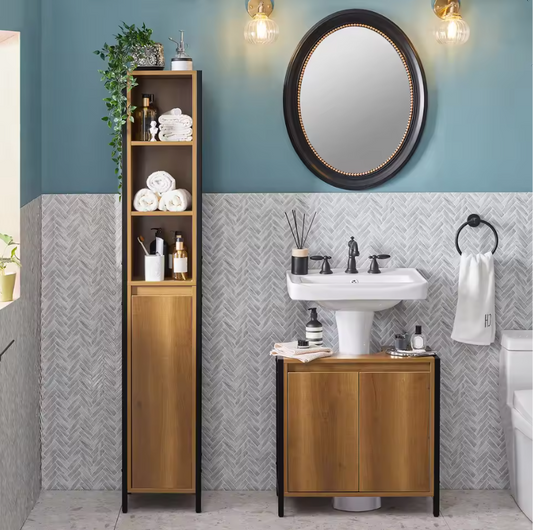 Smalle Hoge Badkamerkast met Open Vakken en Deur – Vrijstaand Opbergmeubel in Vintage Stijl