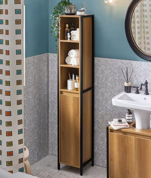 Smalle Hoge Badkamerkast met Open Vakken en Deur – Vrijstaand Opbergmeubel in Vintage Stijl