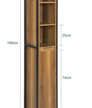 Smalle Hoge Badkamerkast met Open Vakken en Deur – Vrijstaand Opbergmeubel in Vintage Stijl