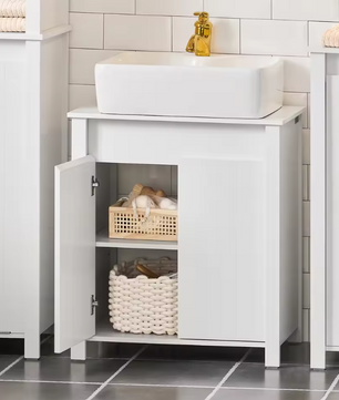 Wastafel Onderkast Badkamer – Witte Badkamerkast met 2 Deuren en Verstelbare Legplank