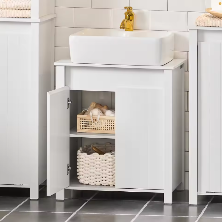 Wastafel Onderkast Badkamer – Witte Badkamerkast met 2 Deuren en Verstelbare Legplank