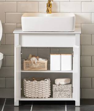 Wastafel Onderkast Badkamer – Witte Badkamerkast met 2 Deuren en Verstelbare Legplank